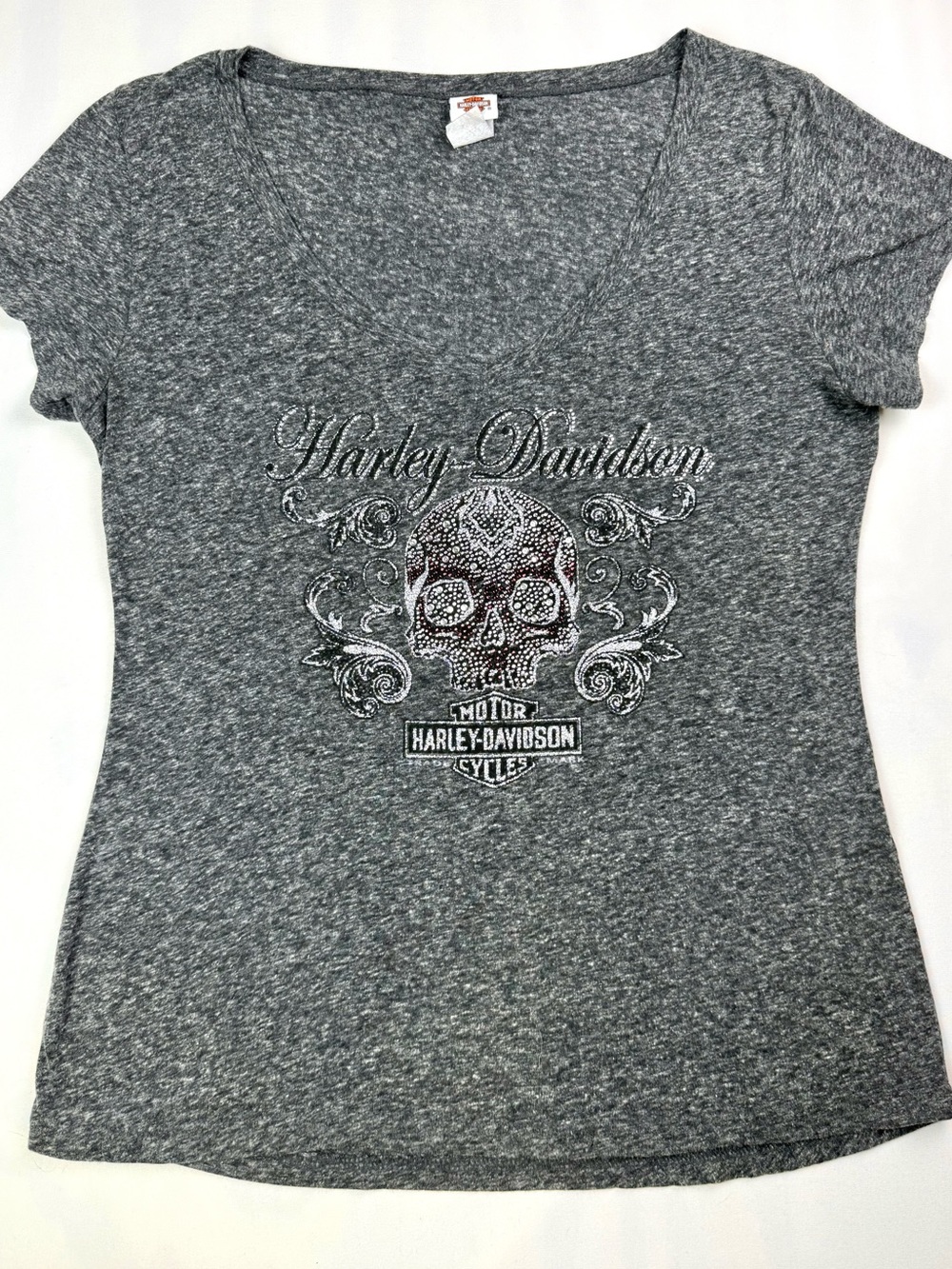 Harley-Davidson Rhinestone Sugar Skull V-Neck Graphic Tee Gray Women's L - Picture 1 of 8